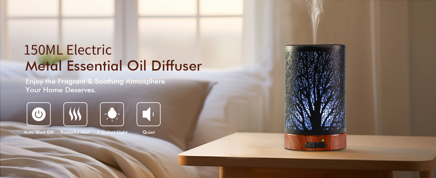 150ML electric metal essential oil diffuser combining aroma, humidifying and light for a relaxing atmosphere