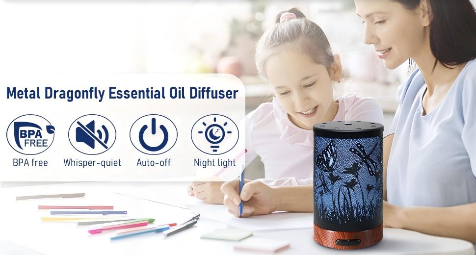Metal dragonfly essential oil diffuser - BPA free, whisper quiet, auto-off and night light
