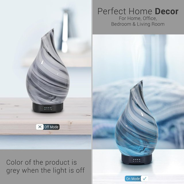 WP-167 teardrop glass aroma diffuser as home decor, shown with the light off and on