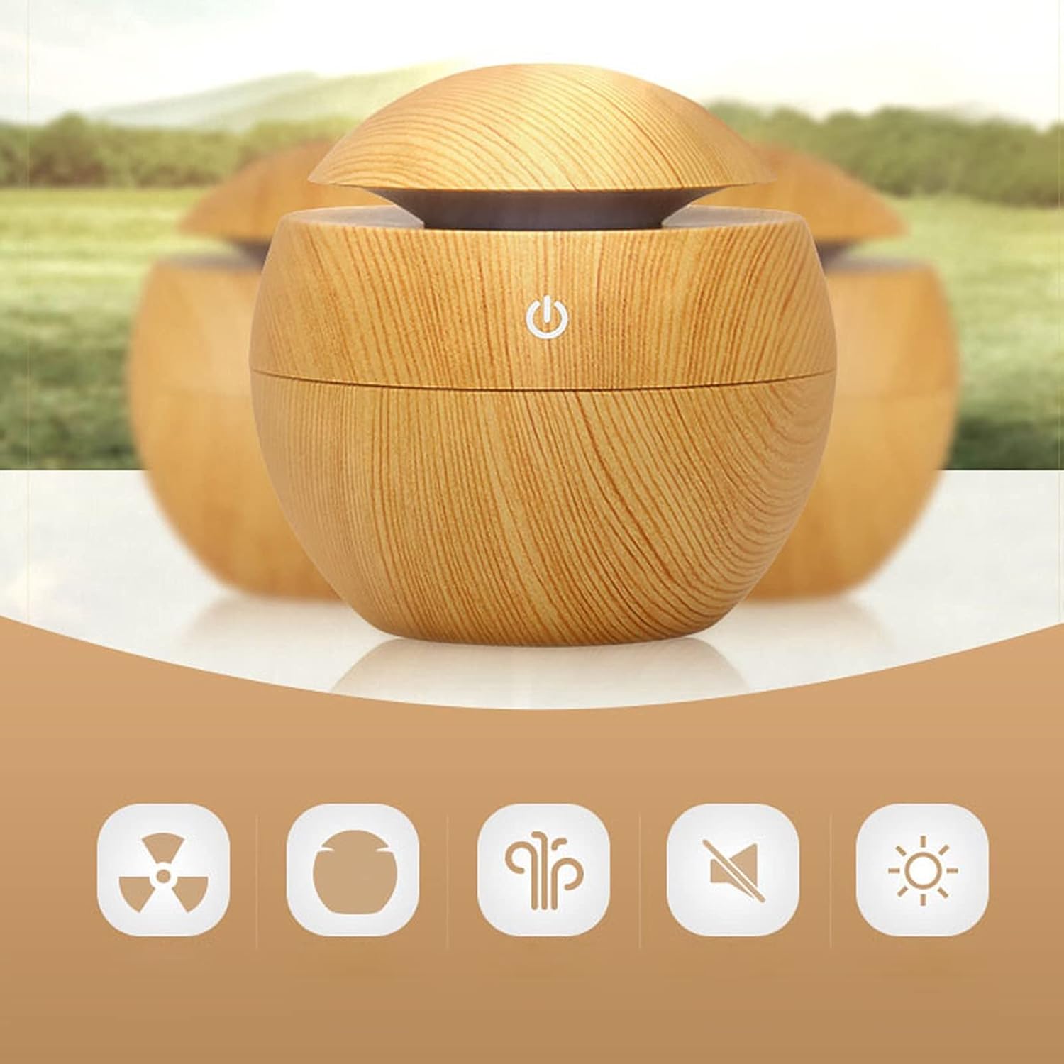 WP-006 little mushroom humidifier in wood grain with natural design and feature icons