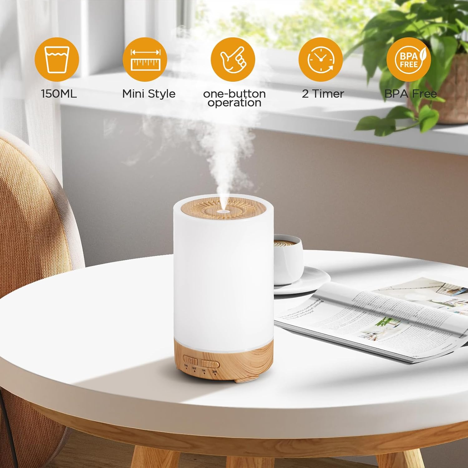 WP-033 150ml mini aroma diffuser with one-button operation and two timer settings on a table