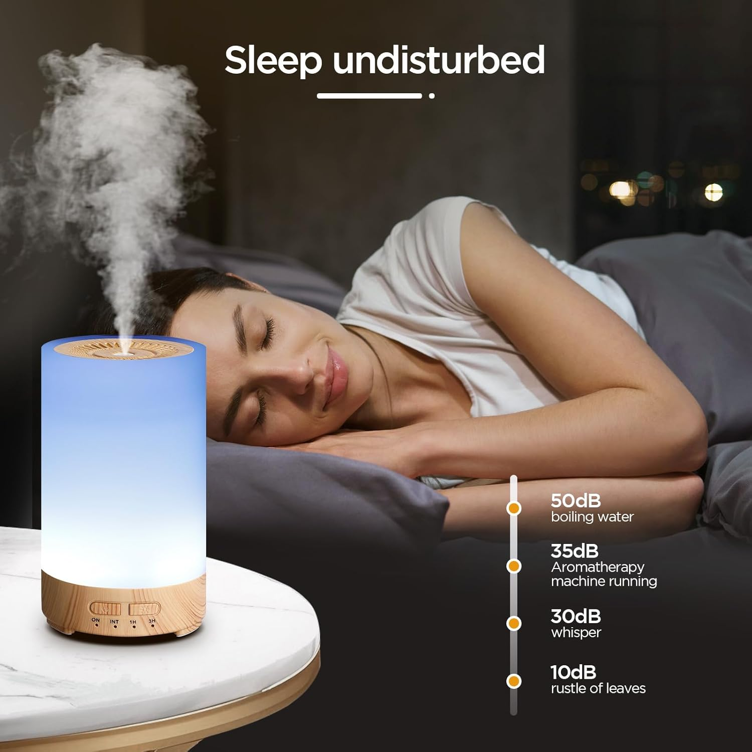 WP-033 quiet aroma diffuser working at low noise beside a sleeping person at night