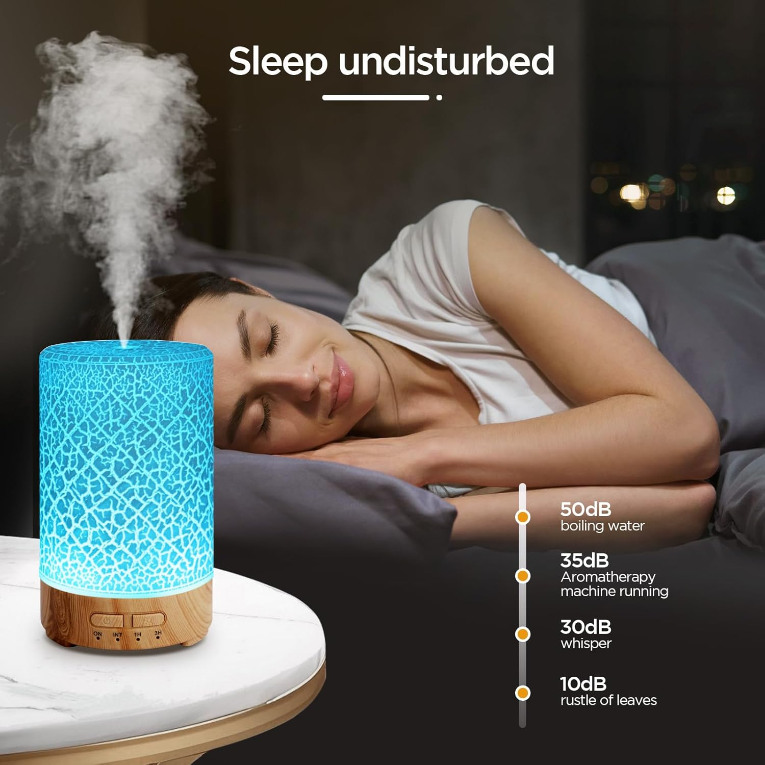 WP-033C ice crack pattern aroma diffuser running quietly beside a sleeping person at night