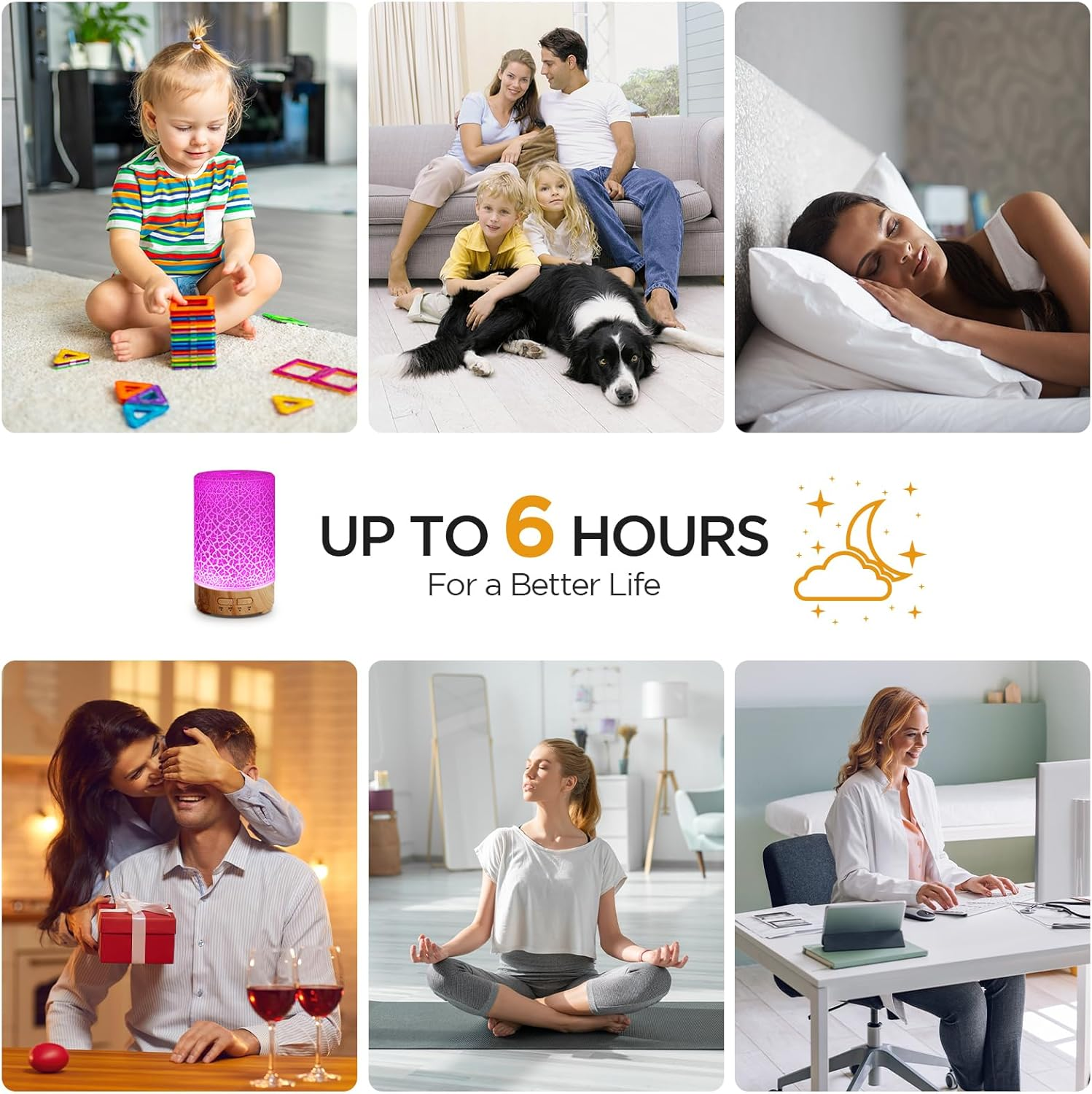 WP-033C ice crack pattern aroma diffuser lifestyle collage - family, sleep, yoga and office scenes