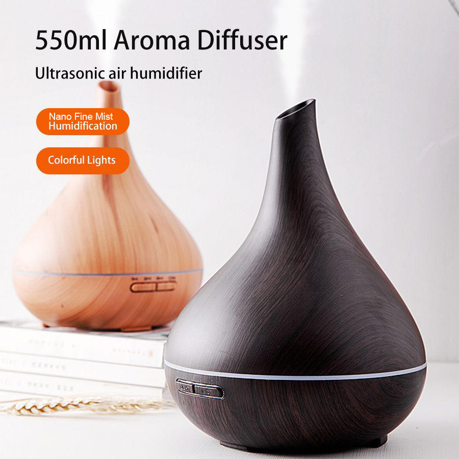 550ml ultrasonic aroma diffuser and humidifier in light and dark wood grain finishes