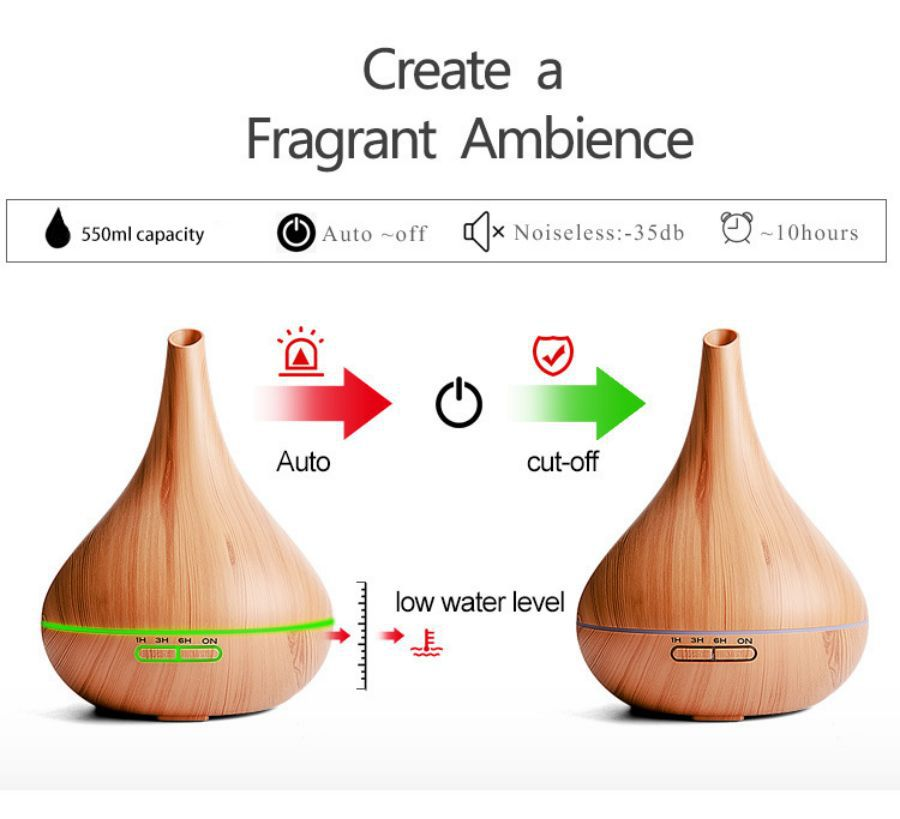 WP-034 550ml aroma diffuser creating a fragrant ambience with auto cut-off, low noise and 10 hours of mist