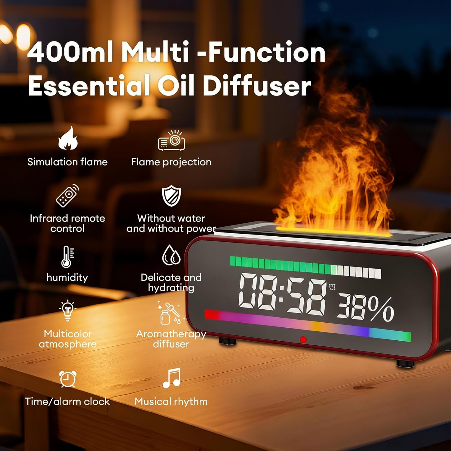 WP-K52 400ml multi-function flame essential oil diffuser with flame simulation, humidity display and remote control