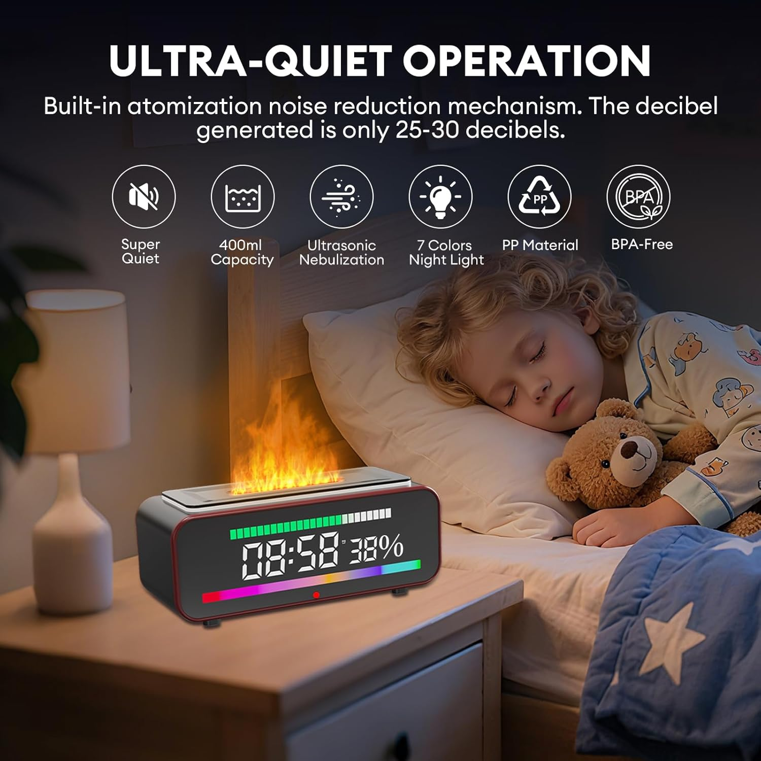 WP-K52 flame aroma diffuser with ultra-quiet operation beside a sleeping child