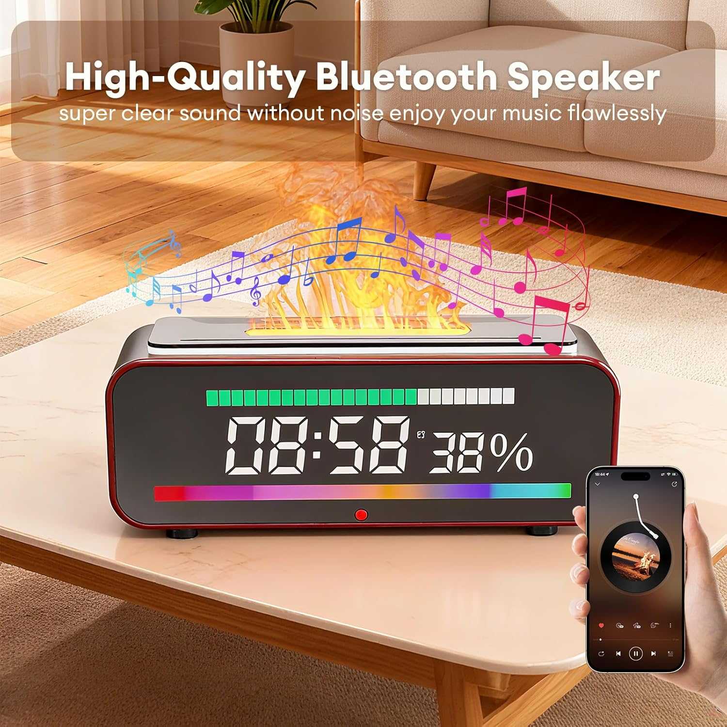 WP-K52 flame aroma diffuser with a built-in Bluetooth 5.0 speaker playing music
