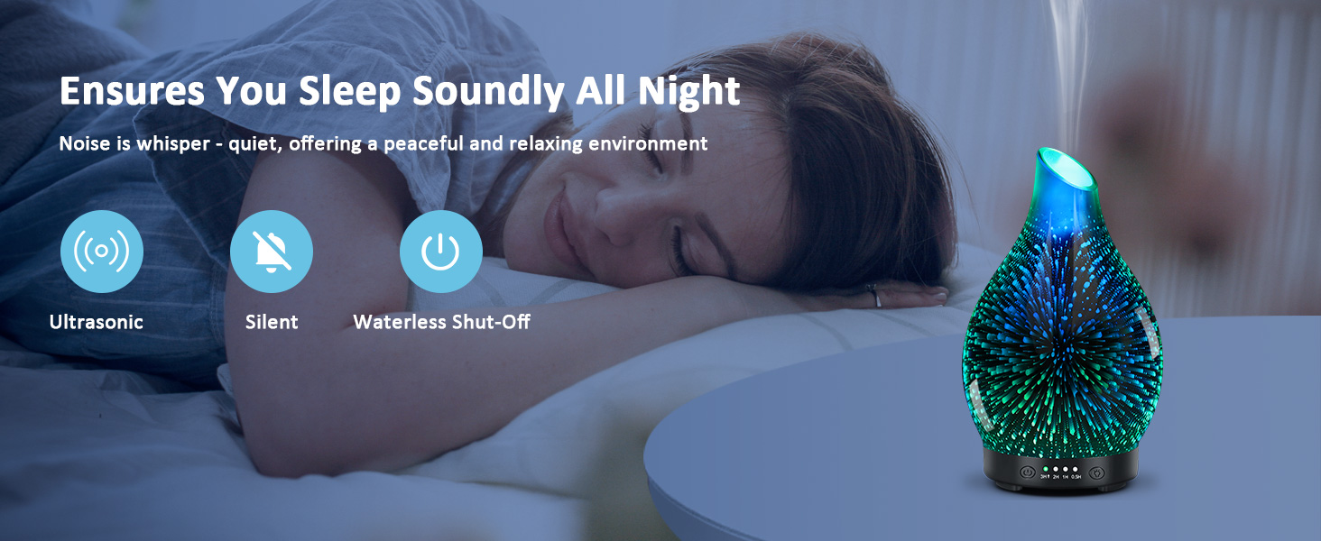 WP-167 art glass aroma diffuser ensuring you sleep soundly all night with whisper quiet mist and waterless shut off