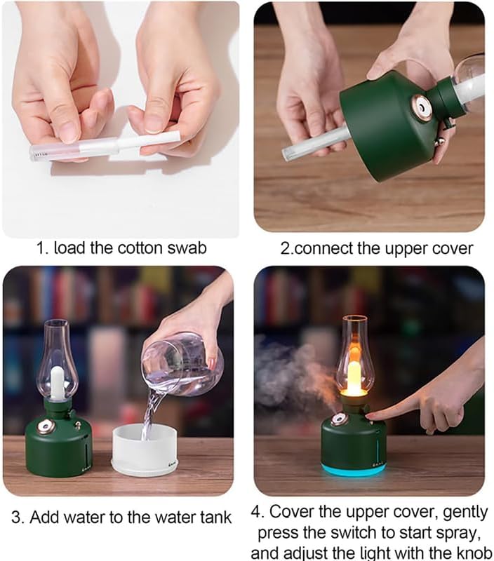 WP-621 how to use - load the cotton swab, connect the upper cover, add water to the 280ml tank, then cover it and press the switch to start spraying