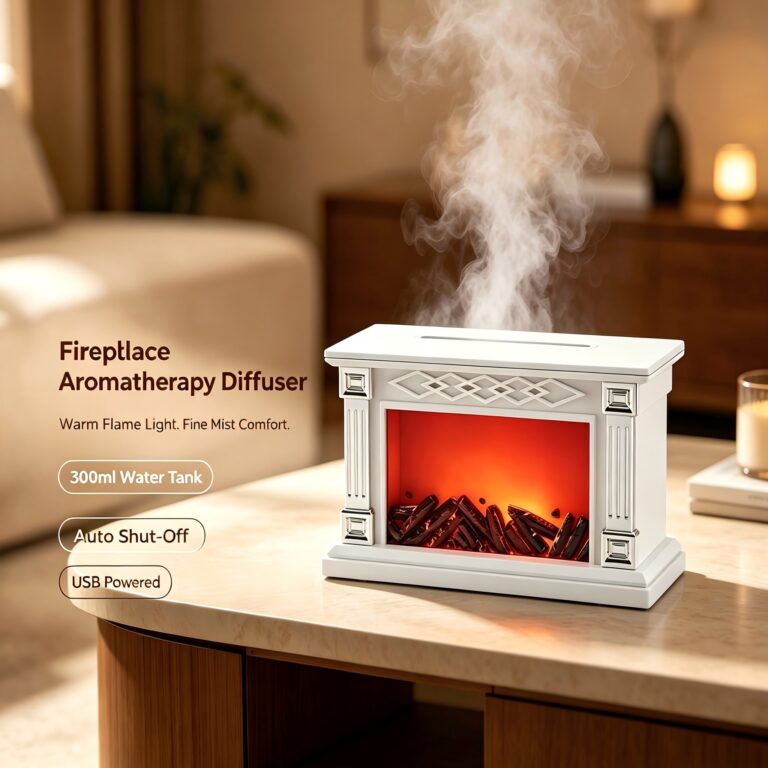 WP-198 white fireplace aromatherapy diffuser with 300ml water tank, warm flame light and auto shut-off