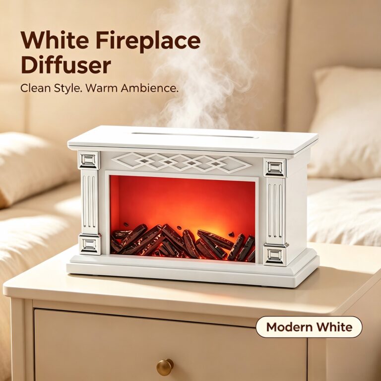 WP-198 white fireplace diffuser with modern white finish, clean style and warm ambience