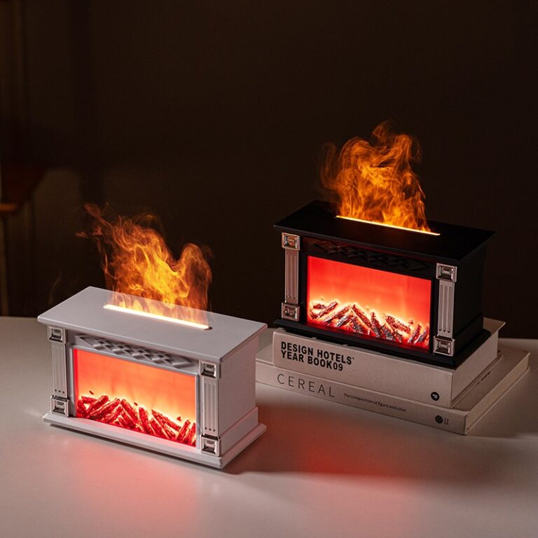 WP-198 fireplace aromatherapy diffuser in classic black and modern white, shown side by side