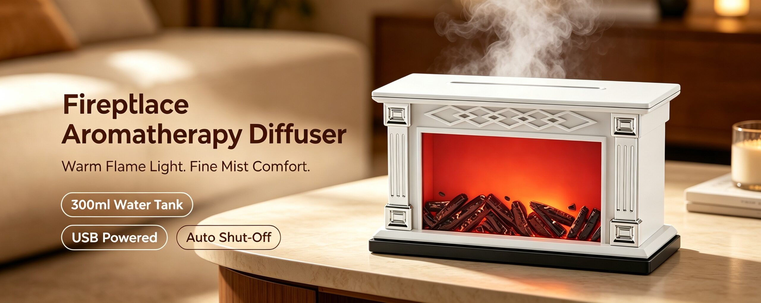 WP-198 fireplace aromatherapy diffuser with 300ml water tank, warm flame light, USB powered and auto shut-off