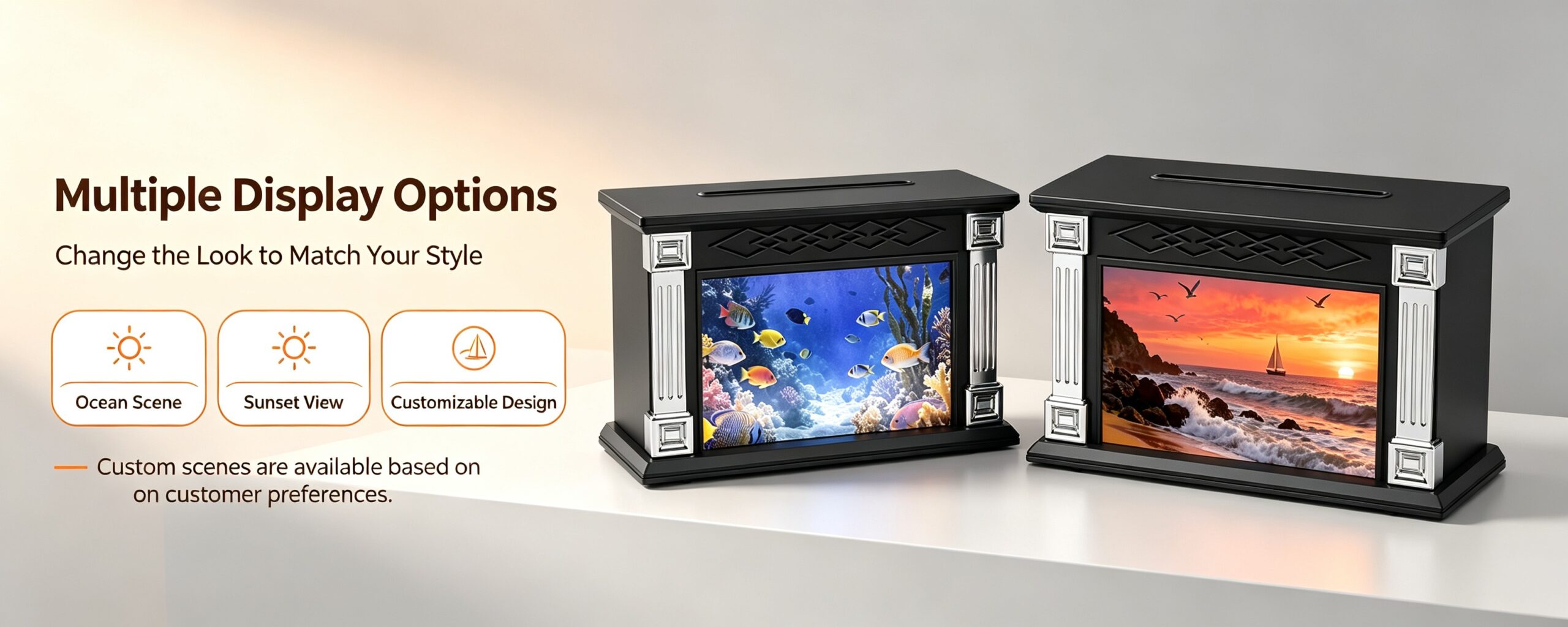 WP-198 multiple display options with ocean scene, sunset view and customizable design