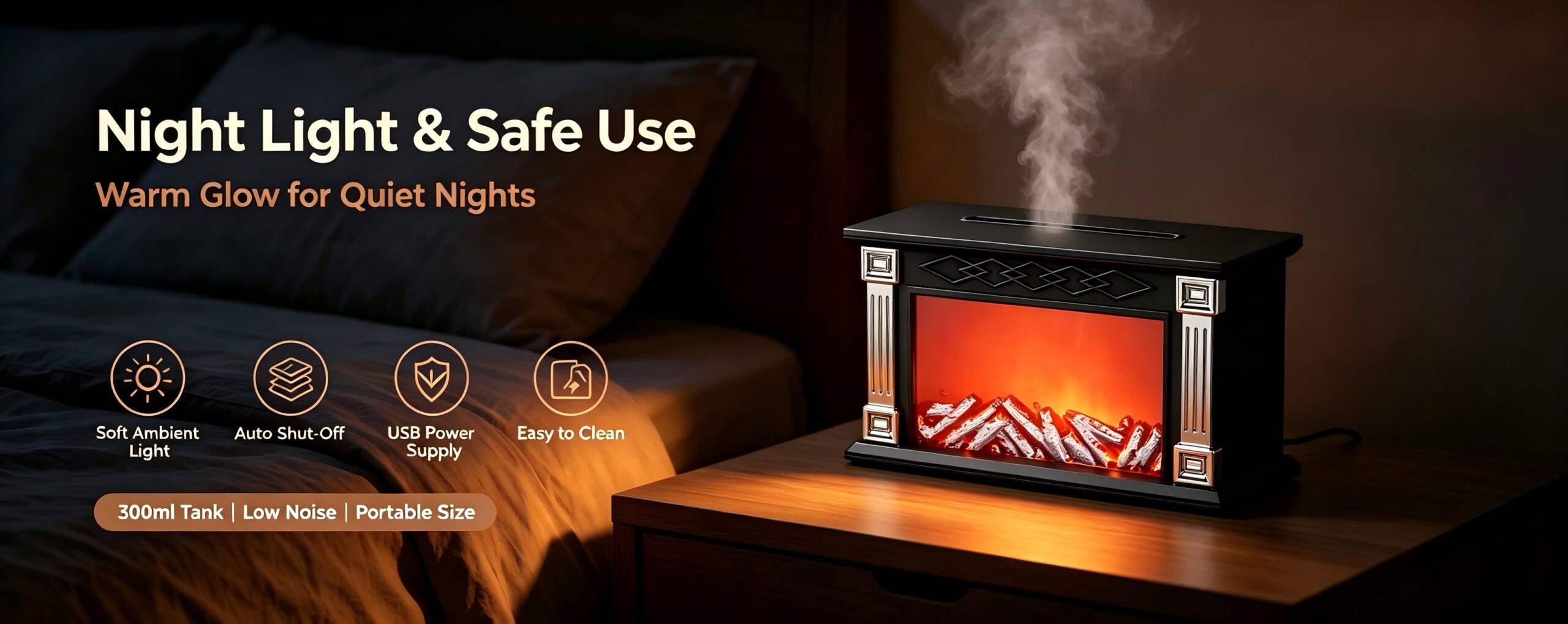 WP-198 night light and safe use with soft ambient light, auto shut-off, USB power supply and 300ml tank