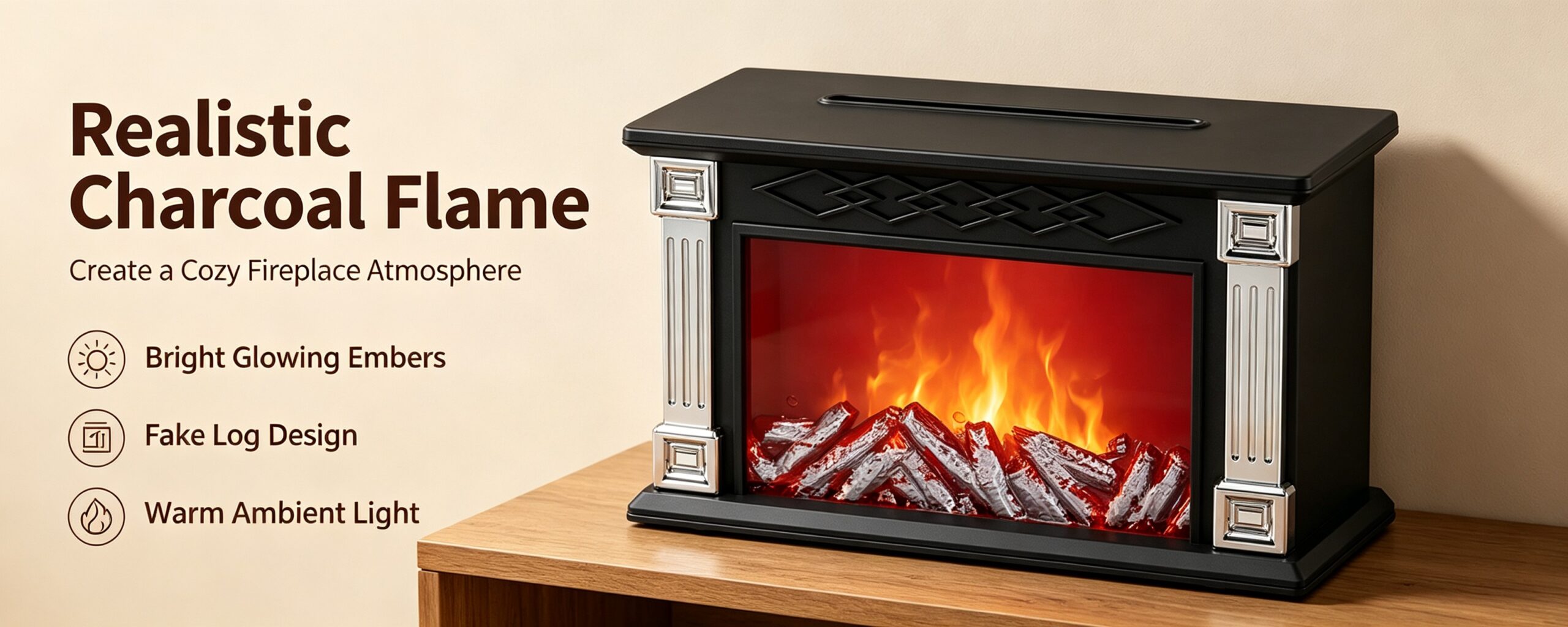 WP-198 realistic charcoal flame effect with bright glowing embers, fake log design and warm ambient light