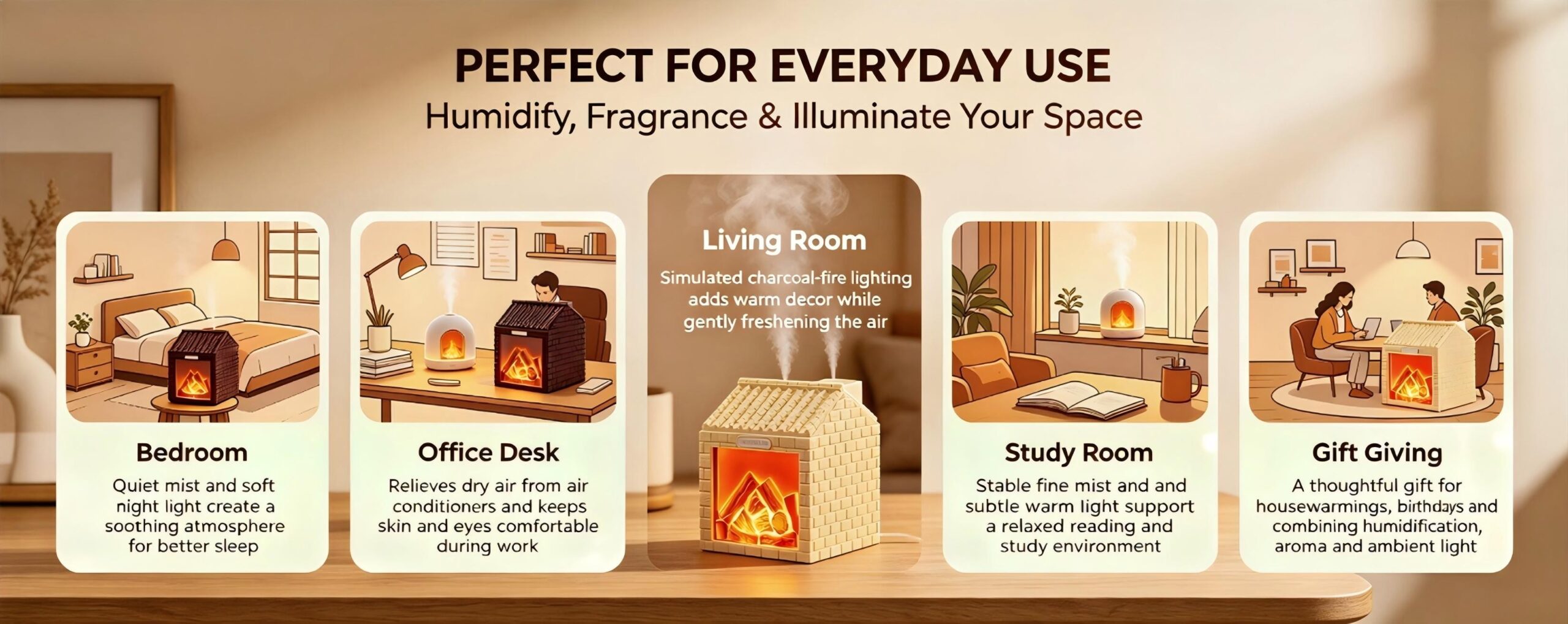 WP-354 humidifier applications: bedroom, office desk, living room, study room and gift giving