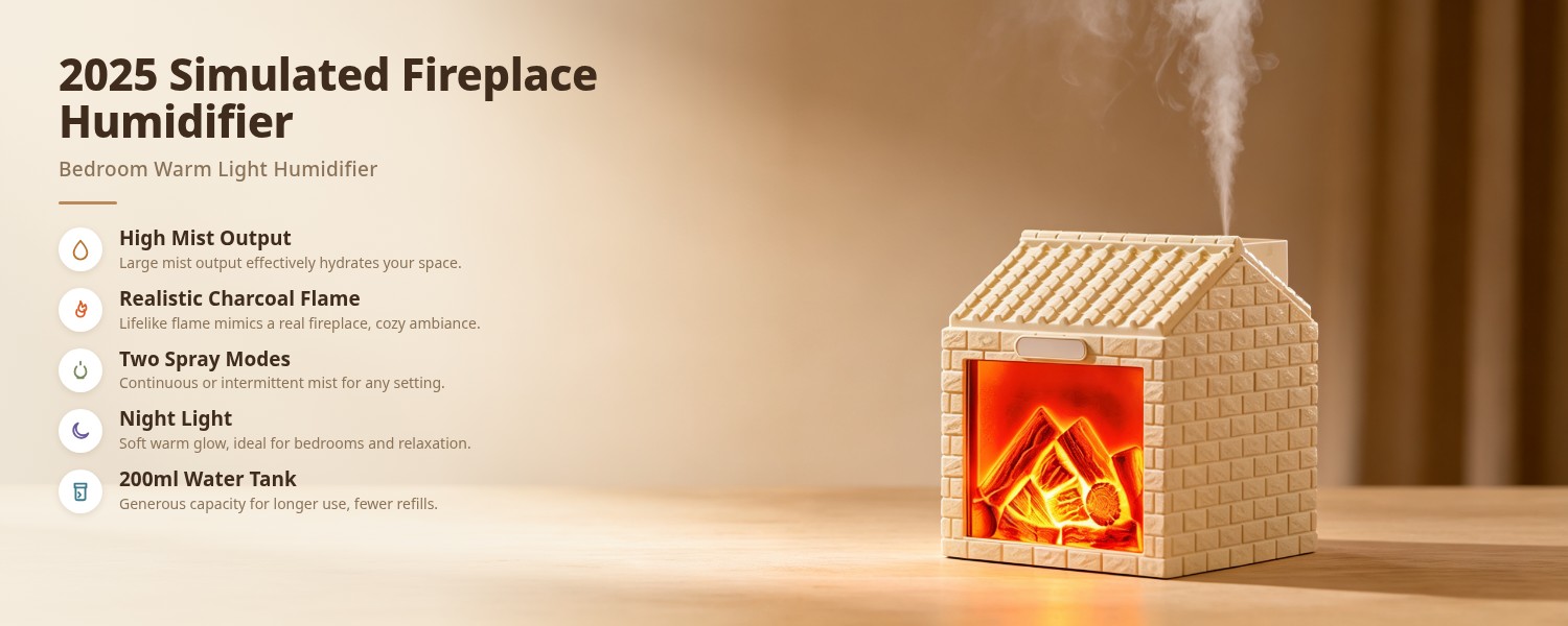 WP-354 2025 simulated fireplace humidifier key features: high mist output, realistic charcoal flame, two spray modes, night light and 200ml water tank