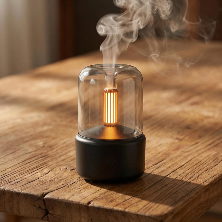 WP-702 candlelight aroma diffuser in black on a wooden table, misting with a warm candlelight glow