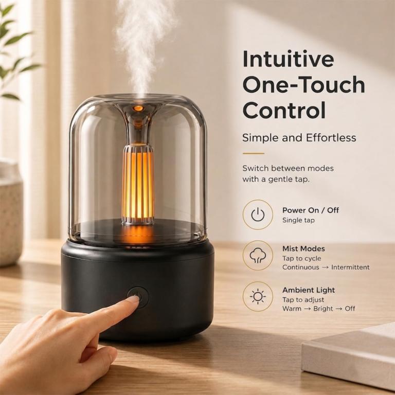 WP-702 one-touch control with power, mist mode and ambient light settings on the black candlelight diffuser