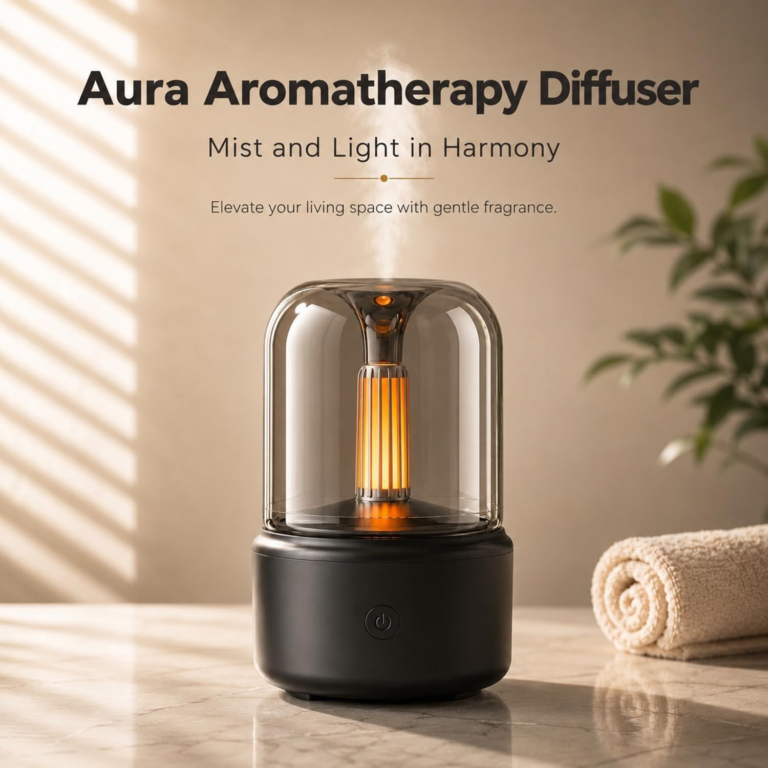 WP-702 candlelight aroma diffuser in black releasing gentle fragrance mist in a sunlit living room