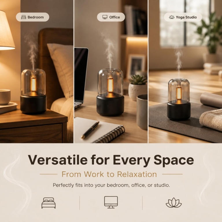 WP-702 candlelight aroma diffuser for bedroom, office and yoga studio use, pictured in three rooms