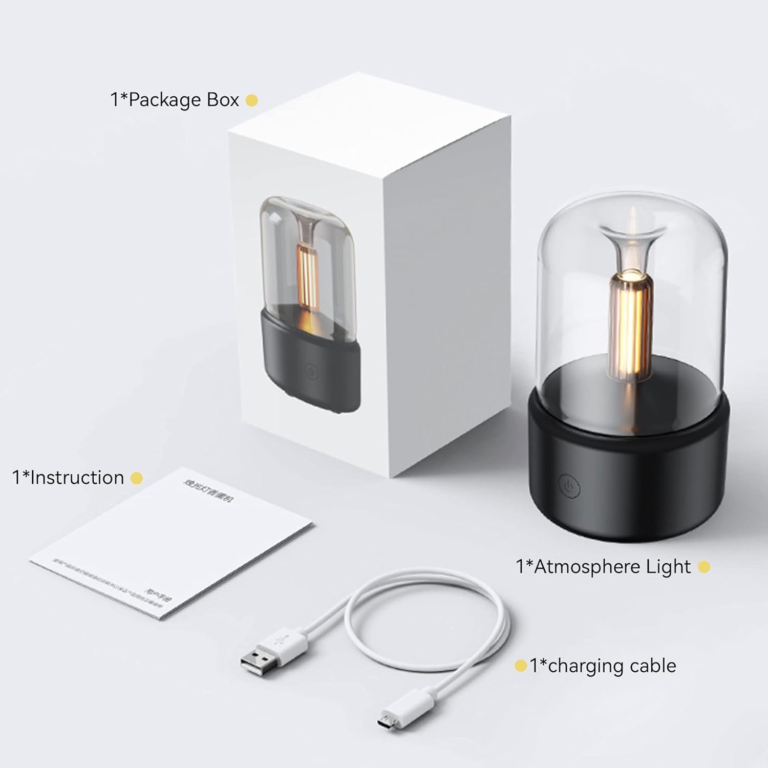 WP-702 candlelight aroma diffuser in beige shown with its colour box, USB charging cable and user manual