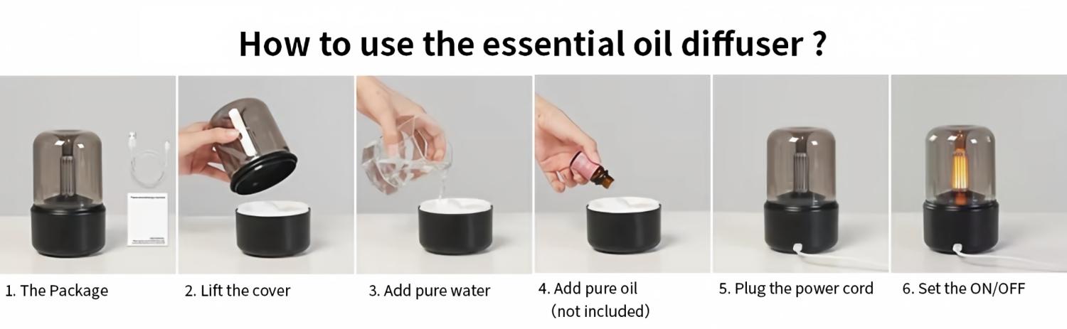 How to use the WP-702 candlelight aroma diffuser in six steps: the package, lift the cover, add pure water, add pure oil, plug in the power cord and set on or off