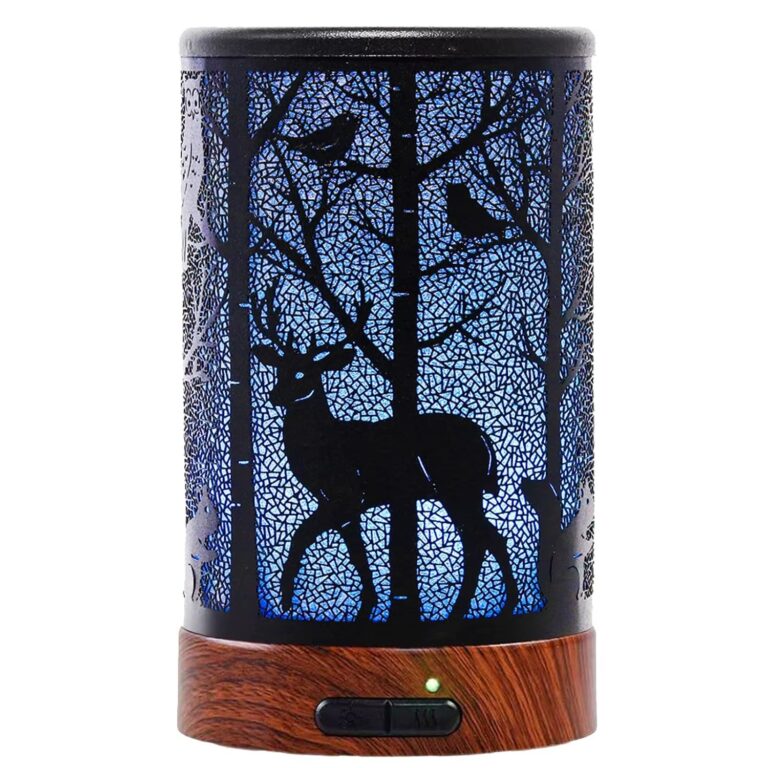 Iron aroma diffuser with a deer in the forest pattern on a wood grain base