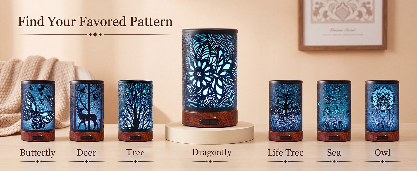 Find your favored pattern - iron aroma diffuser designs including Butterfly, Deer, Tree, Dragonfly, Life Tree, Sea and Owl