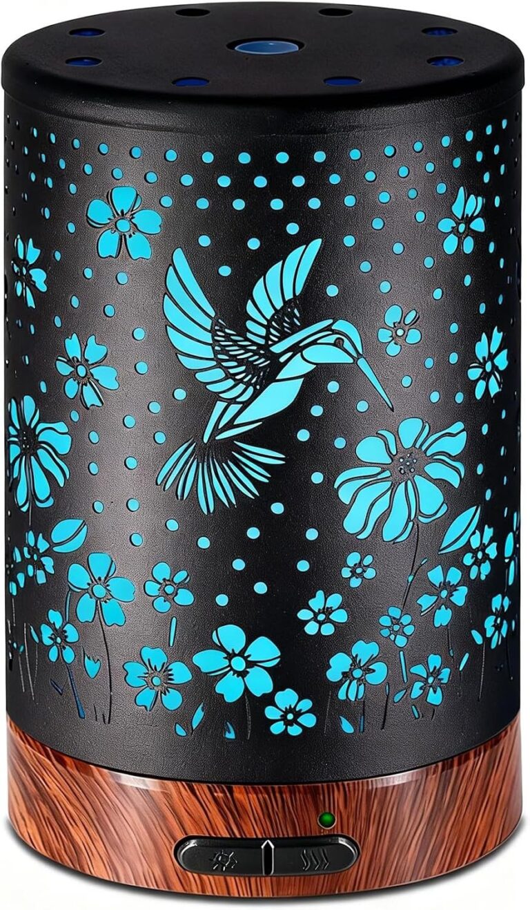 Iron aroma diffuser with a hummingbird and blossom pattern on a wood grain base