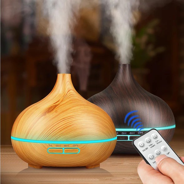 WP-021 500ml popular onion aroma diffuser in light and dark wood grain with dual mist output and remote control