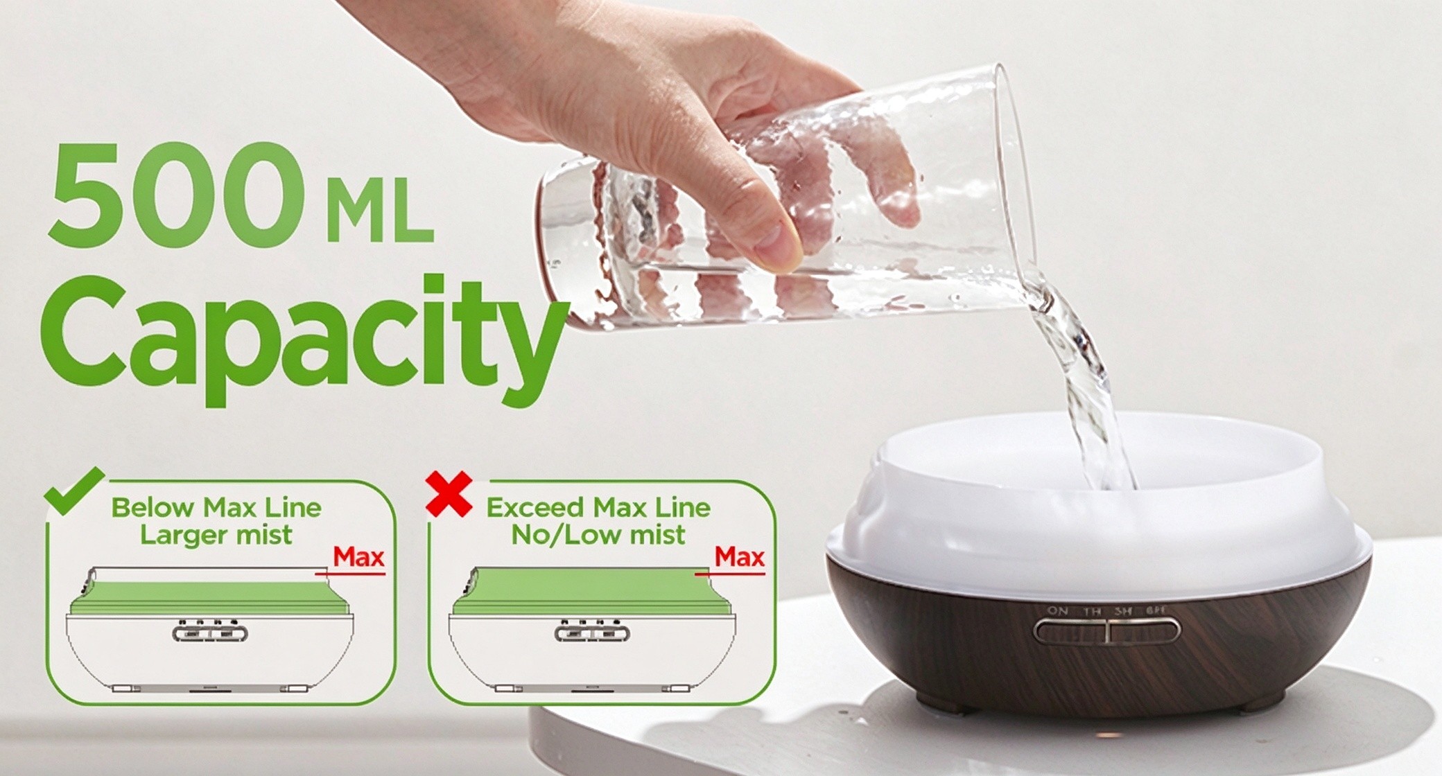 WP-021 500ml capacity water tank - keep the water level below the max line for a larger mist