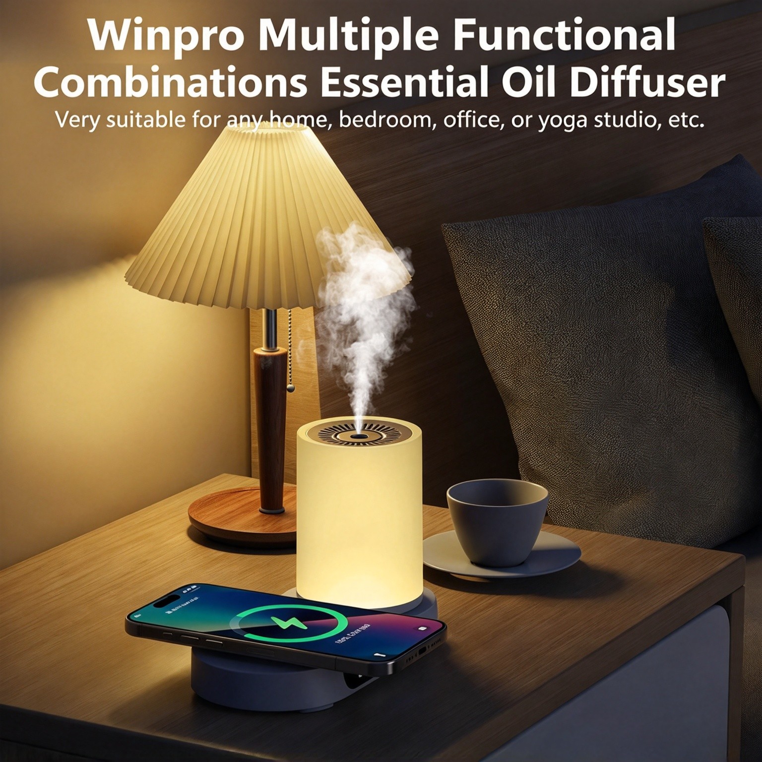 WP-032 multifunctional wireless charger aroma diffuser on a bedside table, for home, bedroom, office or yoga studio