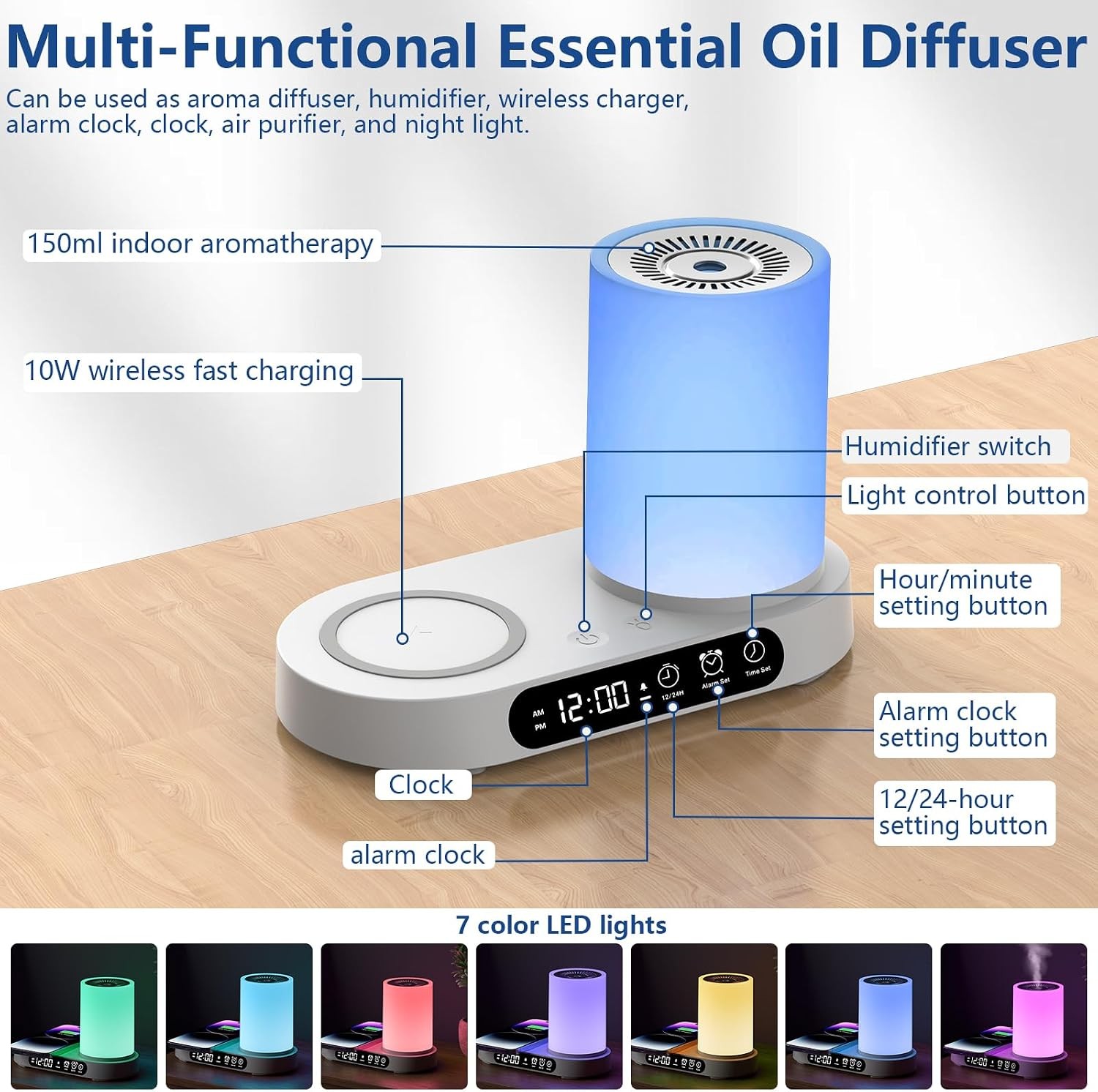 WP-032 multifunctional essential oil diffuser - 150ml aromatherapy, wireless charging, clock, alarm clock and 7 colour LED lights