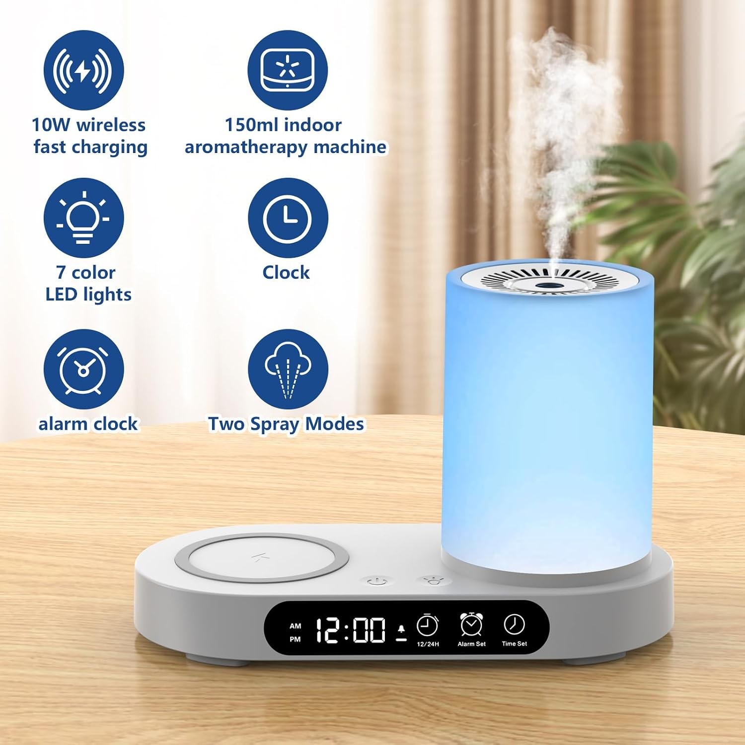 WP-032 functions - wireless fast charging, 150ml indoor aromatherapy, 7 colour LED lights, clock, alarm clock and two spray modes