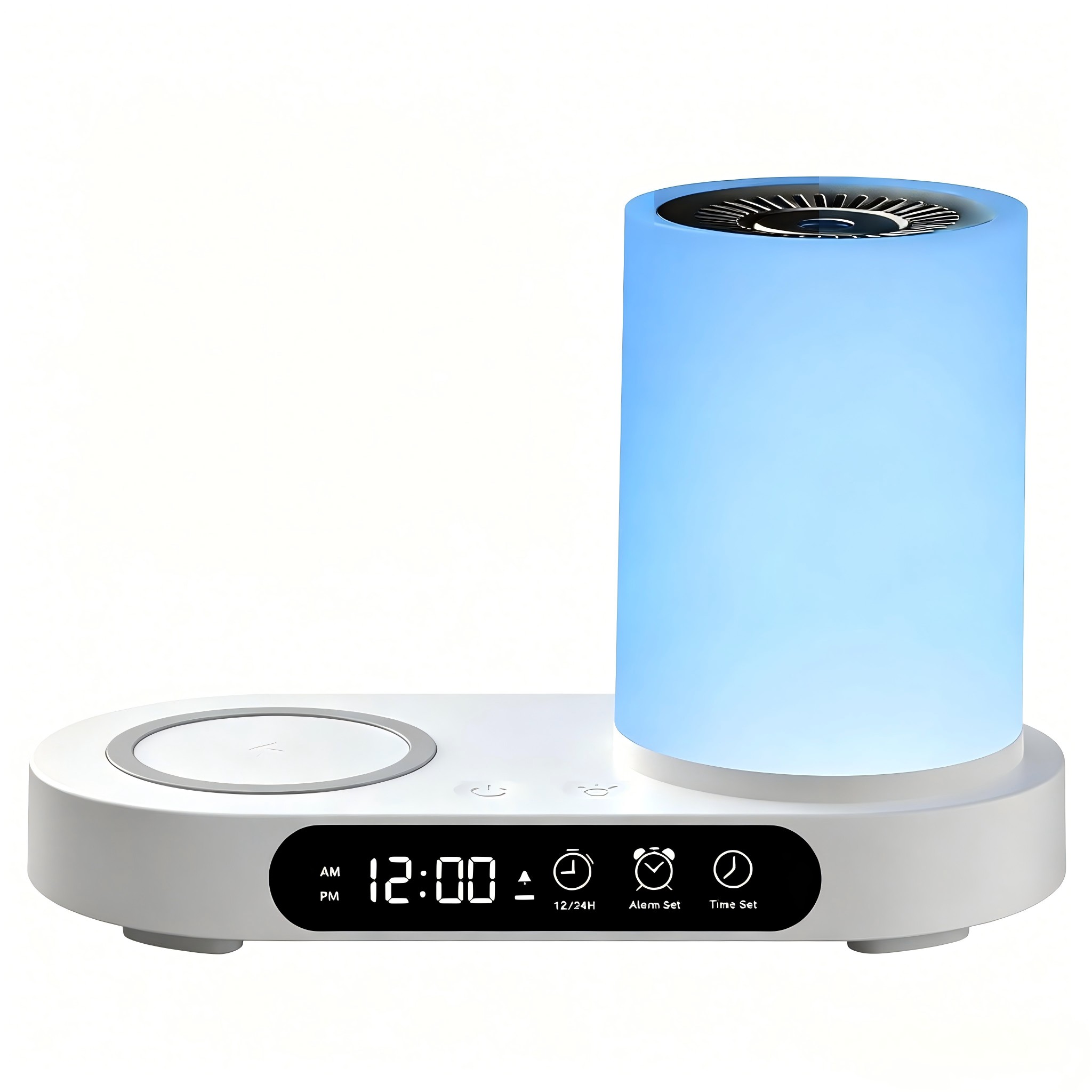 WP-032 150ml multifunctional wireless charger aroma diffuser in white with LED display clock