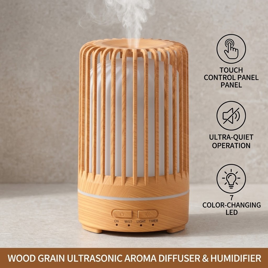 WP-033B birdcage aroma diffuser with touch control panel, ultra-quiet operation and 7 colour-changing LED