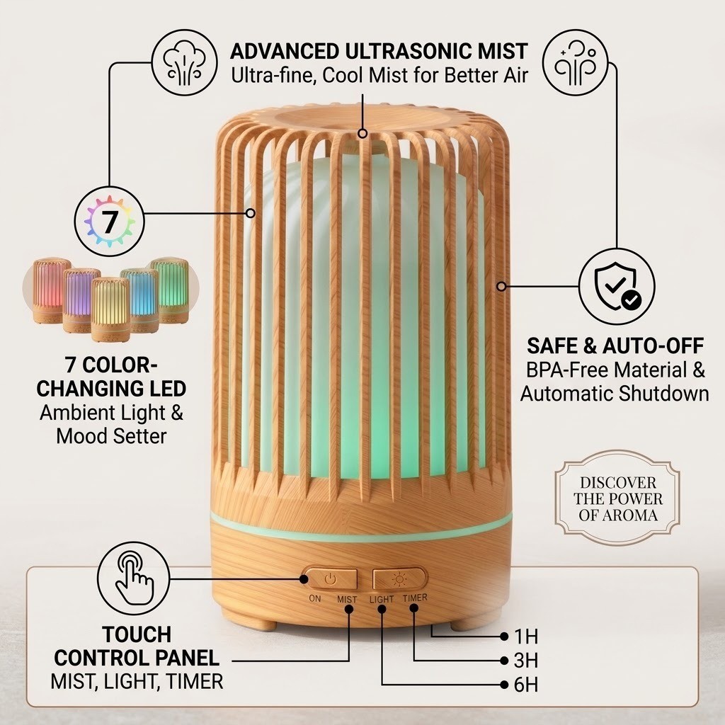 WP-033B birdcage aroma diffuser features: advanced ultrasonic mist, 7 colour LED, auto-off and touch timer