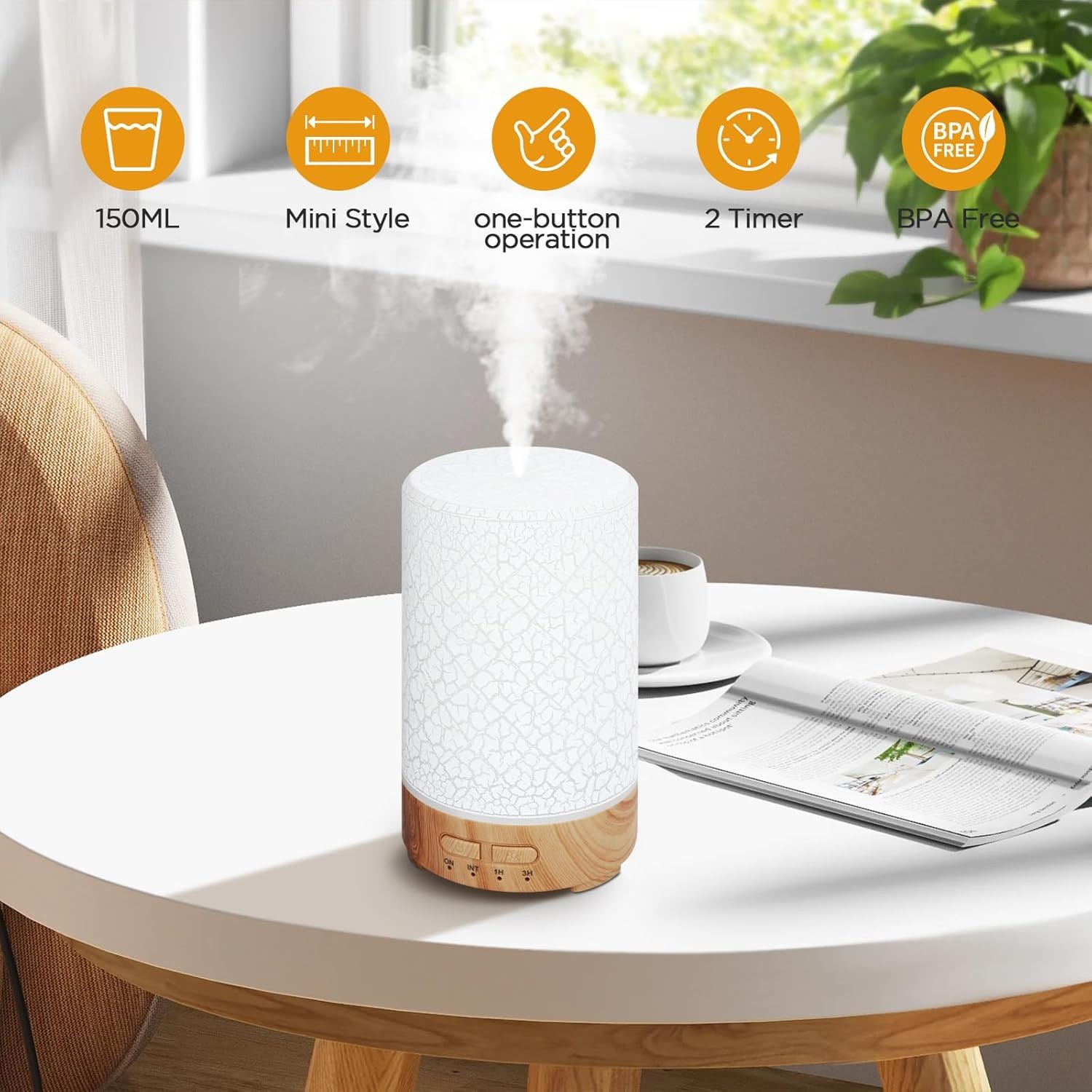 WP-033C ice crack pattern aroma diffuser on a table with a 150ml tank, mini style, one-button operation and BPA free material
