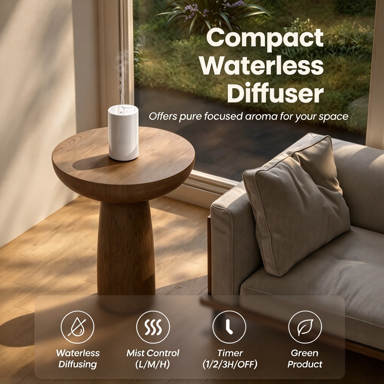 WP-A008 compact waterless diffuser in white offering pure focused aroma for a living room, with L/M/H mist control and 1/2/3H timer