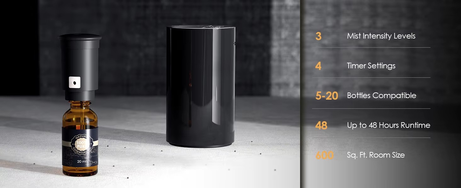 WP-A008 waterless diffuser overview - 3 mist intensity levels, 4 timer settings and 5-20ml bottle compatibility