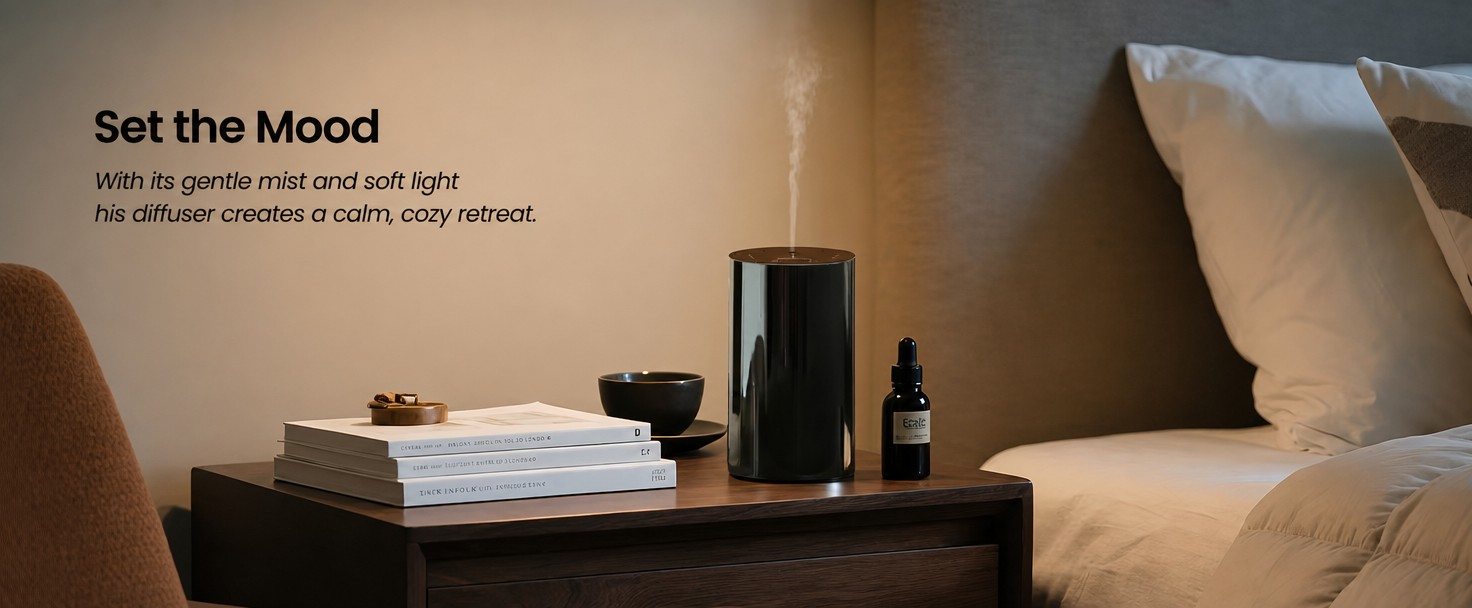 WP-A008 waterless diffuser on a bedside table creating a calm, cozy retreat in a bedroom