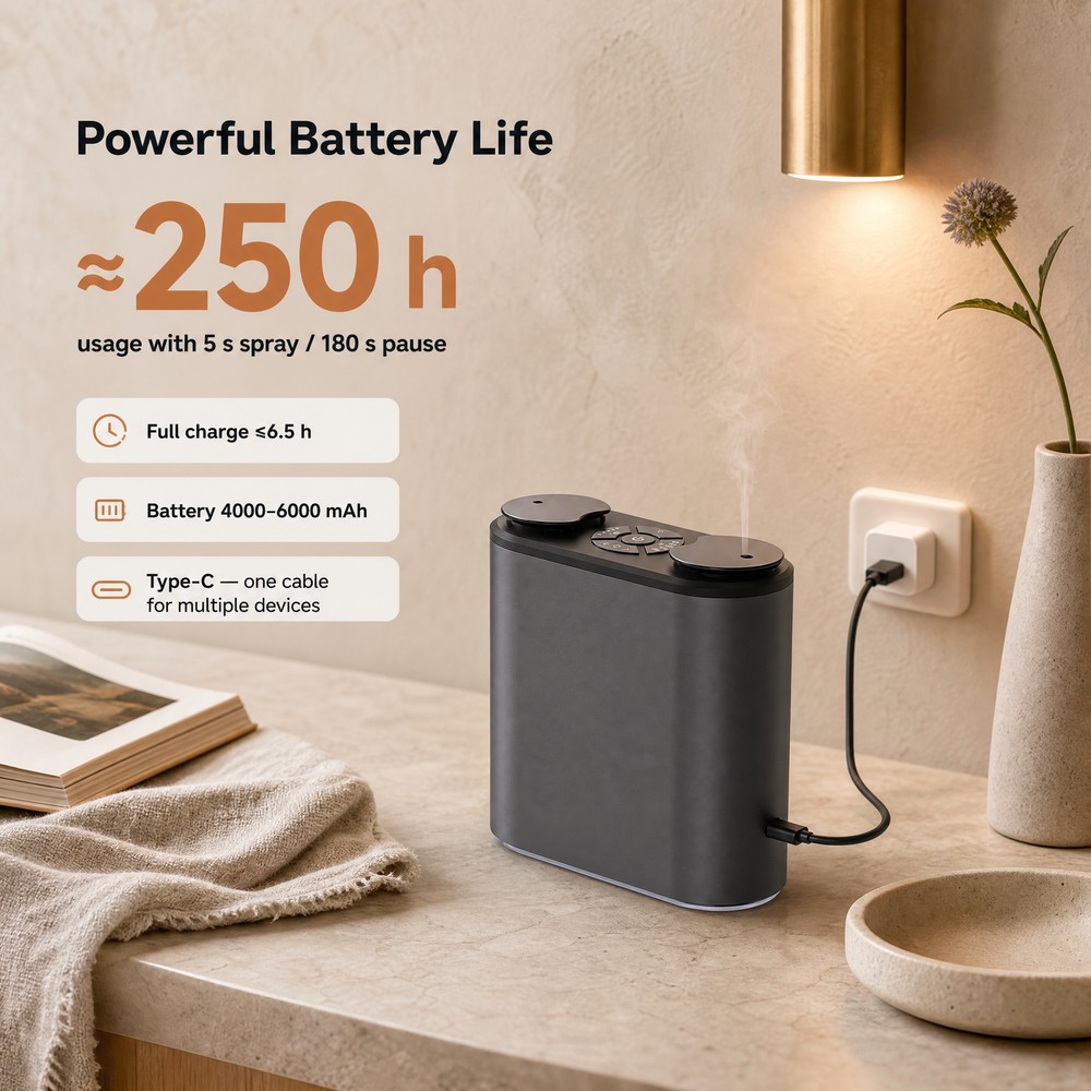 WP-A012 waterless diffuser with a 4000-6000mAh battery, about 250 hours of use on the 5s spray / 180s pause gear and a full charge in 6.5 hours over Type-C