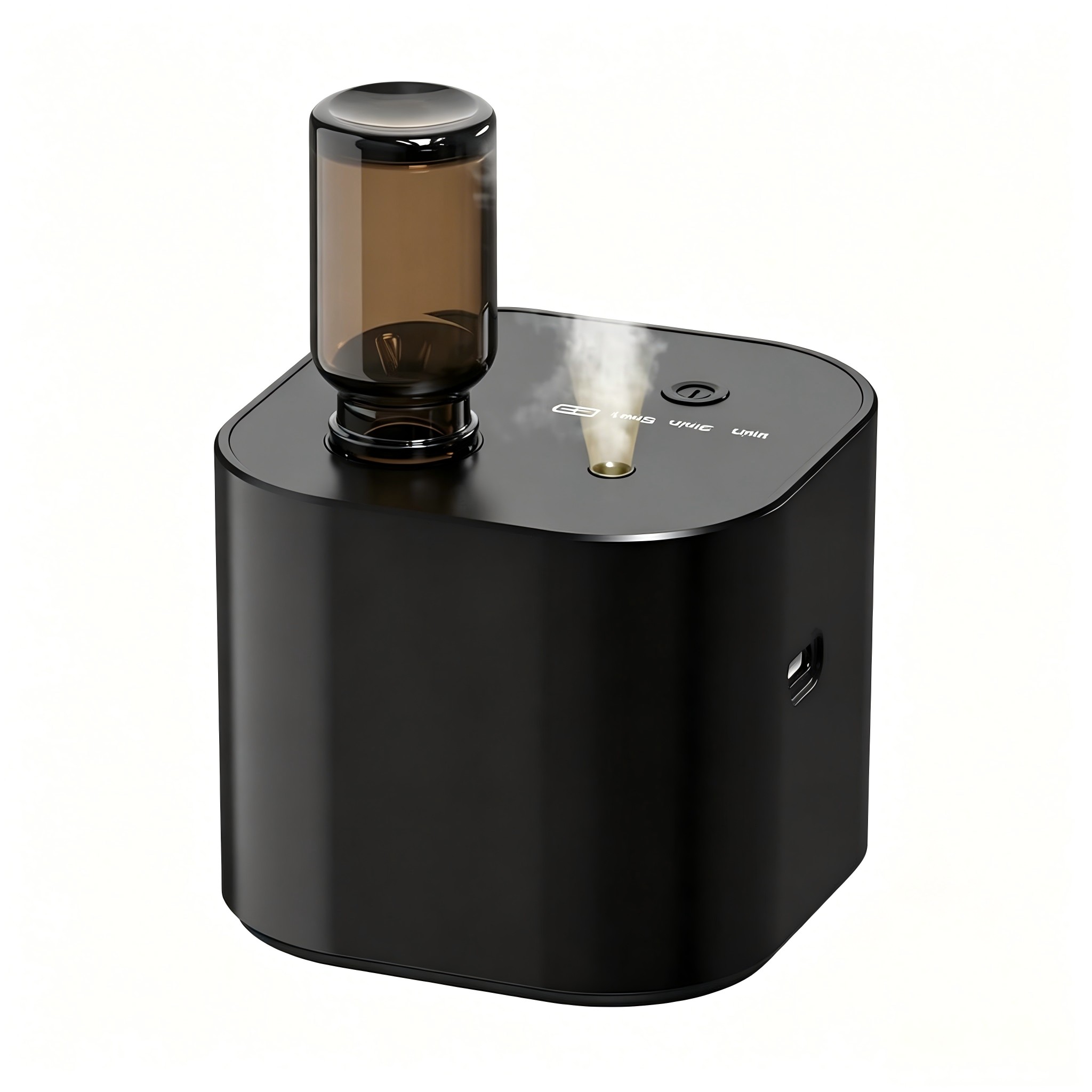 WP-A200 portable square waterless essential oil diffuser in black fitted with a 10ml essential oil bottle and misting, shown on a white background